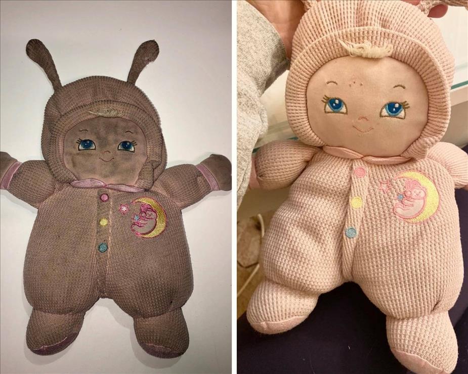 Before and After of a Plush Baby Doll washed in the Esporta Wash System