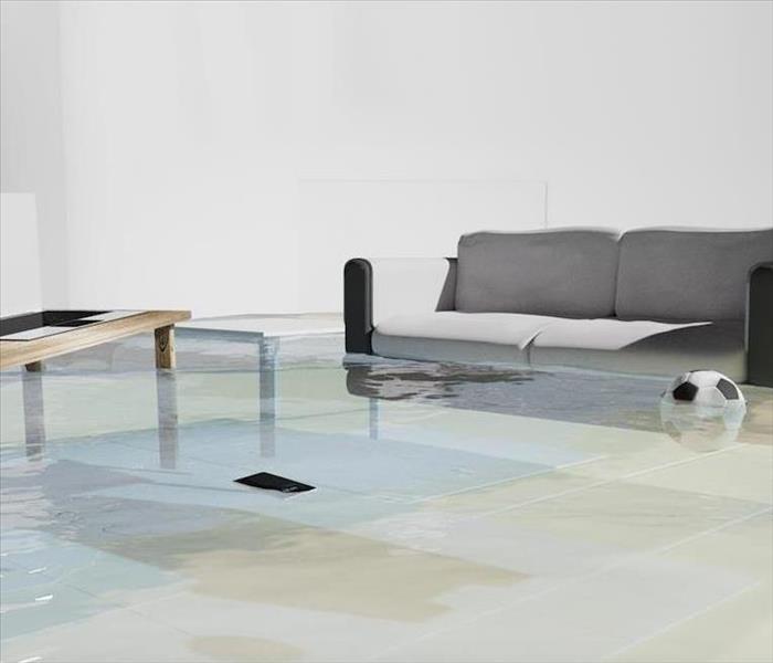 water damaged living room with soccer ball floating